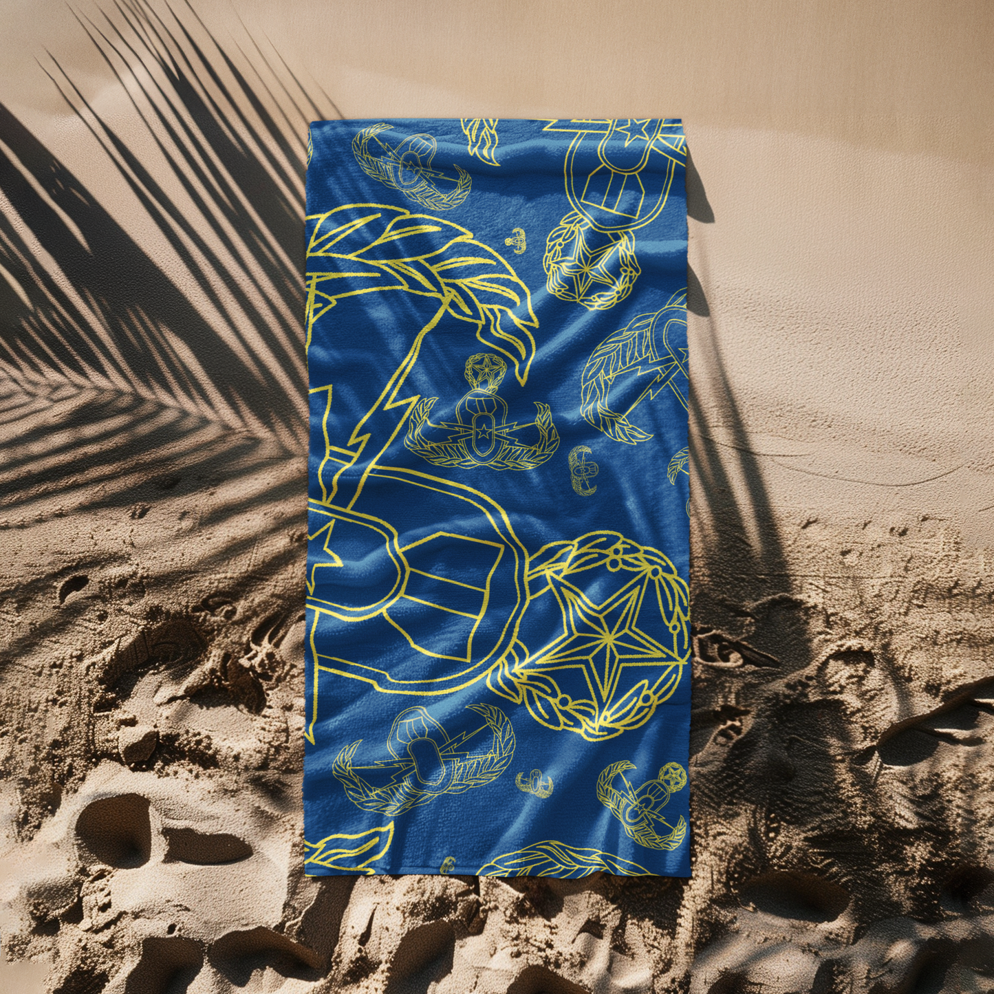 Print On Demand - Beach Towel - "EOD Mixed Badges" (Yellow on Blue)