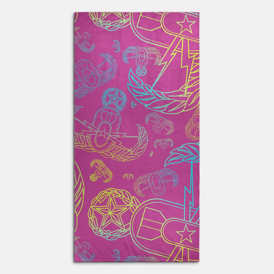 Print On Demand  - Beach Towel - "EOD Mixed Badges" (Multicolor on Pink)