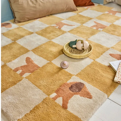 Yellow Grid Fluffy Carpet For Living Room