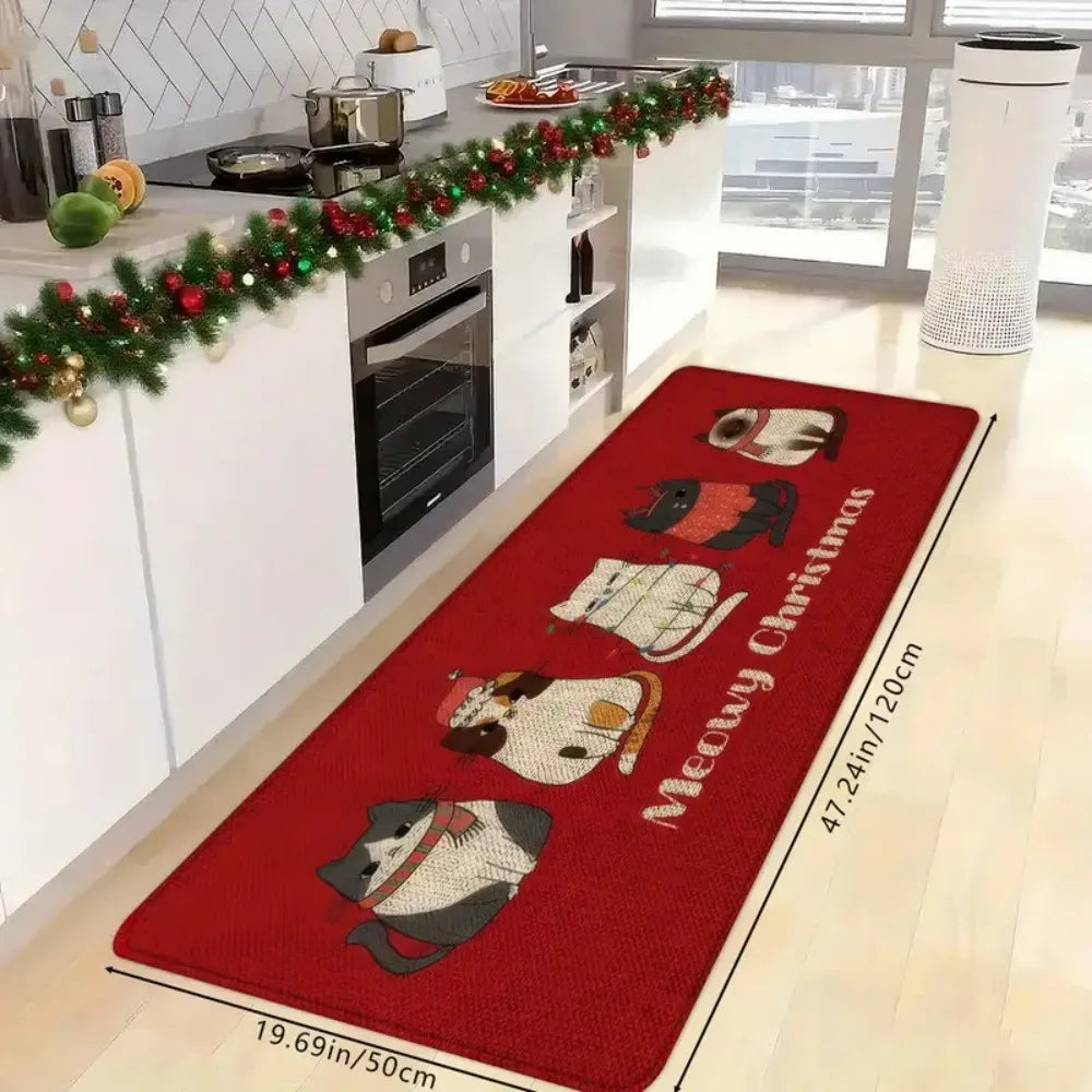 1PC Red Cute Kitten Christmas Rug Soft and Absorbent
