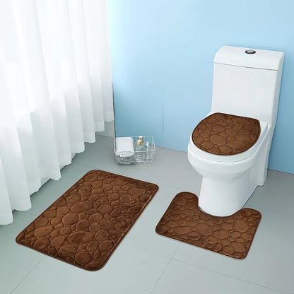 1 Set Solid Color Stone-Pattern Absorbent Non-Slip Bathroom Mats 3-Piece Set
