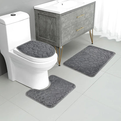 1 Set Solid Color Stone-Pattern Absorbent Non-Slip Bathroom Mats 3-Piece Set