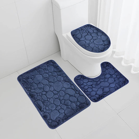 1 Set Solid Color Stone-Pattern Absorbent Non-Slip Bathroom Mats 3-Piece Set