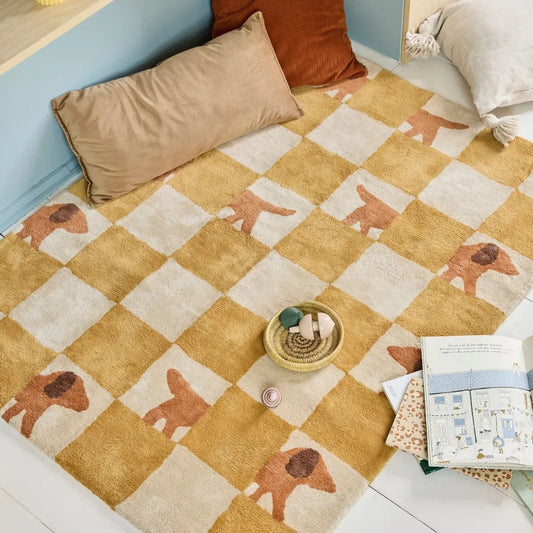 Yellow Grid Fluffy Carpet For Living Room