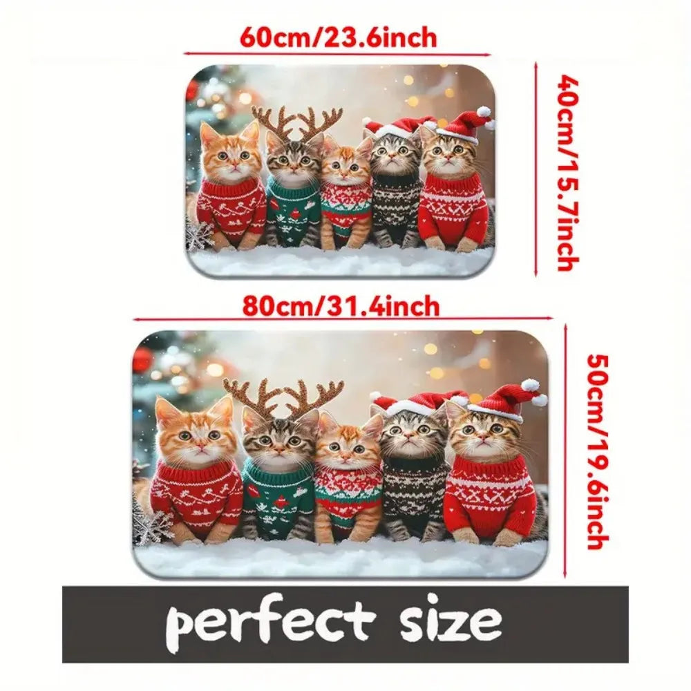 1PC Christmas Cute Cat Print Doormat Non-Slip Microfiber Polyester Rug