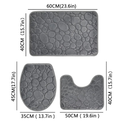 1 Set Solid Color Stone-Pattern Absorbent Non-Slip Bathroom Mats 3-Piece Set