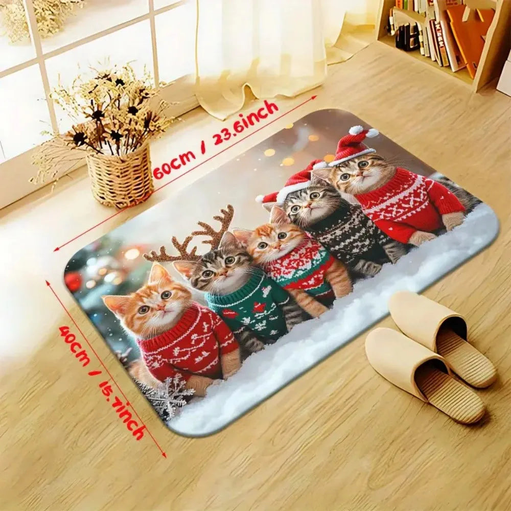 1PC Christmas Cute Cat Print Doormat Non-Slip Microfiber Polyester Rug