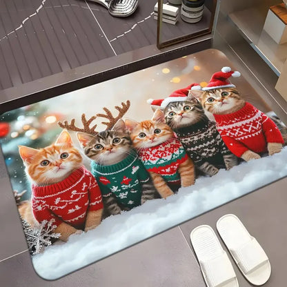 1PC Christmas Cute Cat Print Doormat Non-Slip Microfiber Polyester Rug
