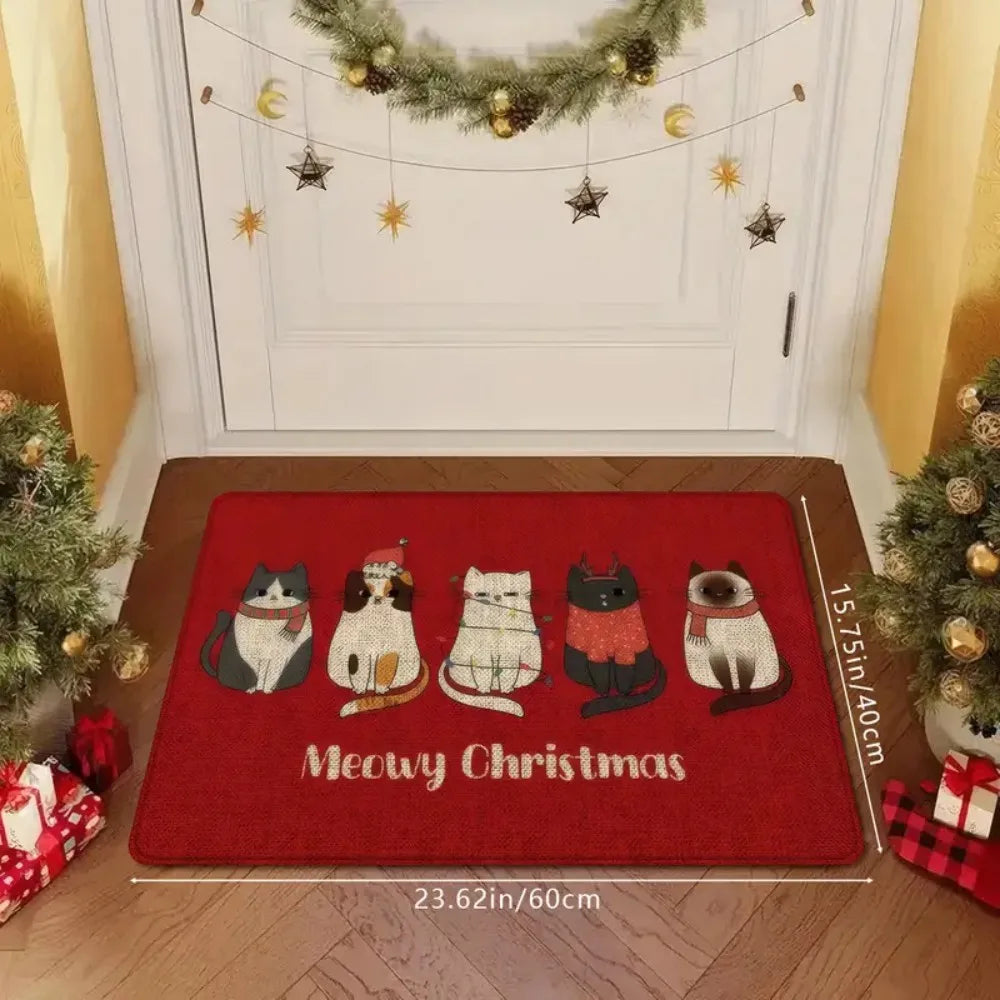 1PC Red Cute Kitten Christmas Rug Soft and Absorbent
