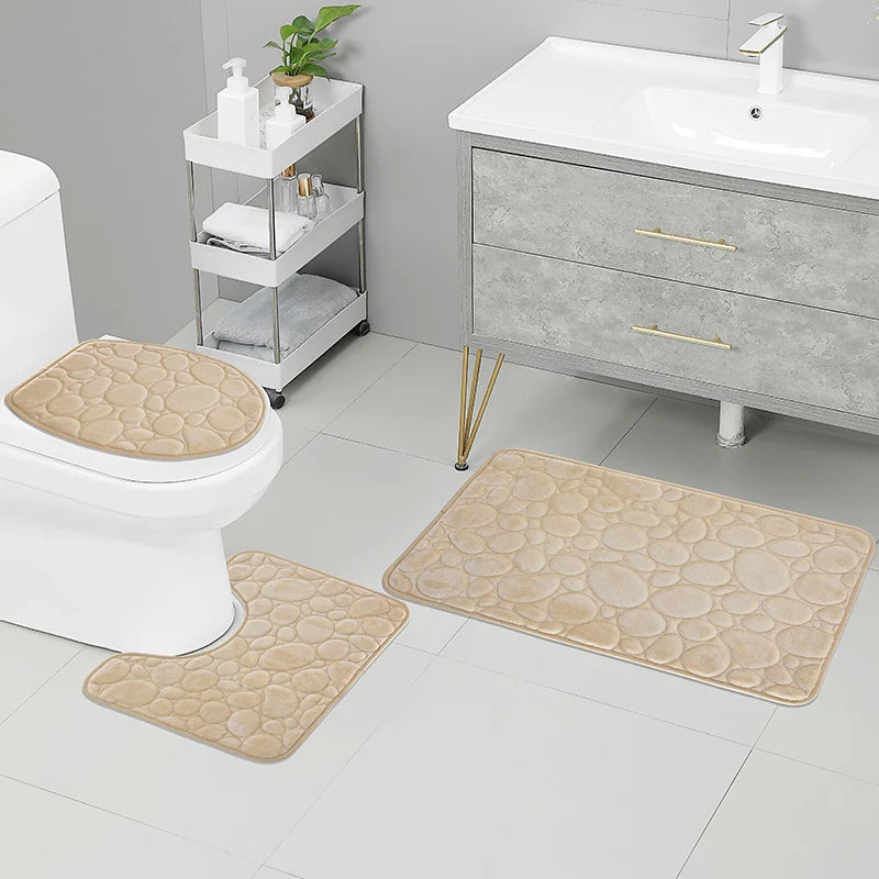 1 Set Solid Color Stone-Pattern Absorbent Non-Slip Bathroom Mats 3-Piece Set