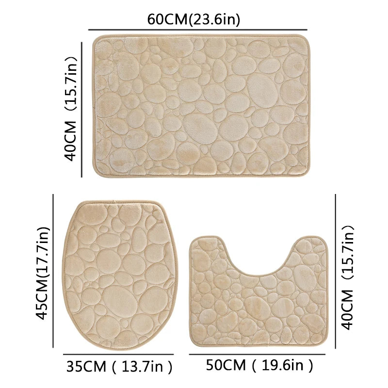 1 Set Solid Color Stone-Pattern Absorbent Non-Slip Bathroom Mats 3-Piece Set
