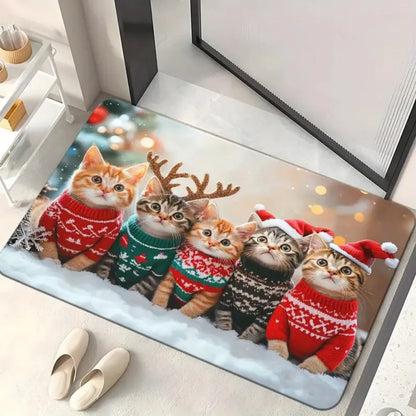 1PC Christmas Cute Cat Print Doormat Non-Slip Microfiber Polyester Rug
