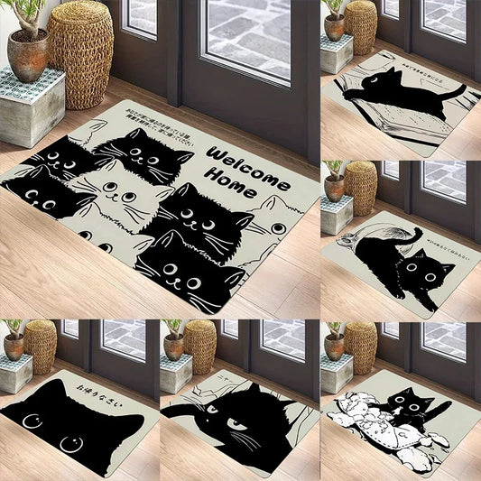 Black Cat Door Mat Non-Slip Entrance