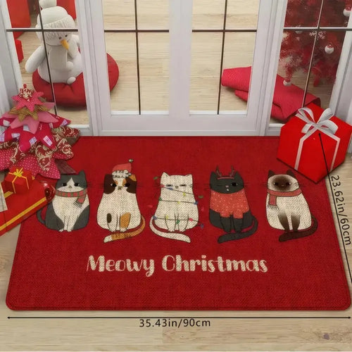 1PC Red Cute Kitten Christmas Rug Soft and Absorbent