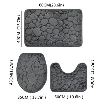 1 Set Solid Color Stone-Pattern Absorbent Non-Slip Bathroom Mats 3-Piece Set