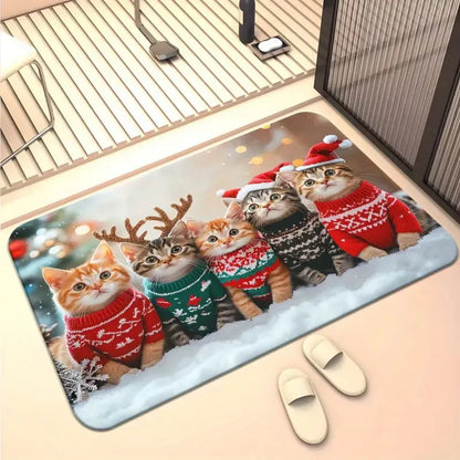1PC Christmas Cute Cat Print Doormat Non-Slip Microfiber Polyester Rug