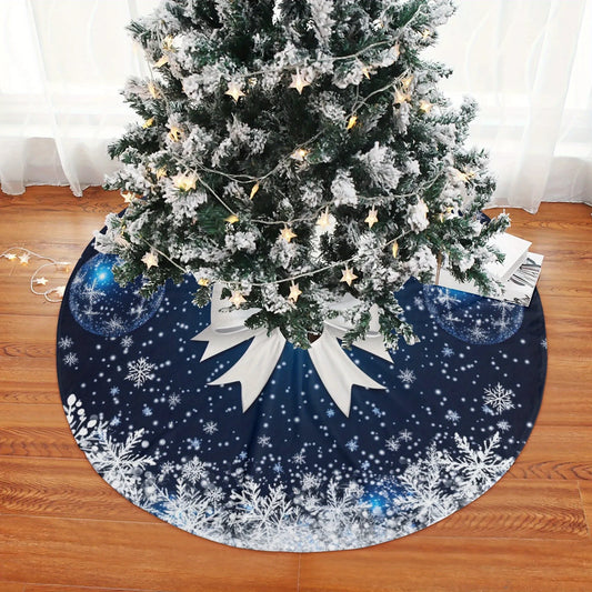 White Bow and Snowflake Blue Christmas Tree Skirt