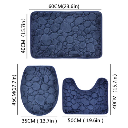 1 Set Solid Color Stone-Pattern Absorbent Non-Slip Bathroom Mats 3-Piece Set