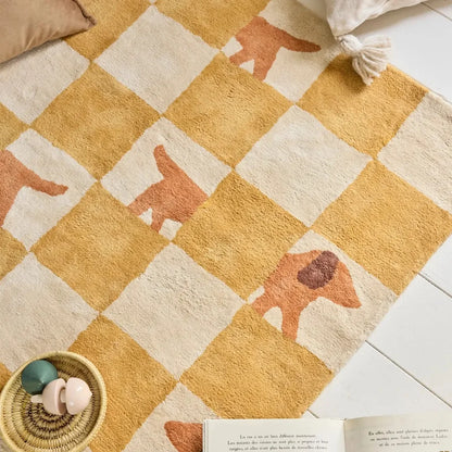 Yellow Grid Fluffy Carpet For Living Room