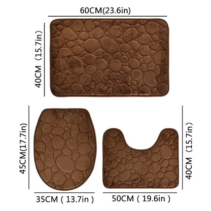 1 Set Solid Color Stone-Pattern Absorbent Non-Slip Bathroom Mats 3-Piece Set