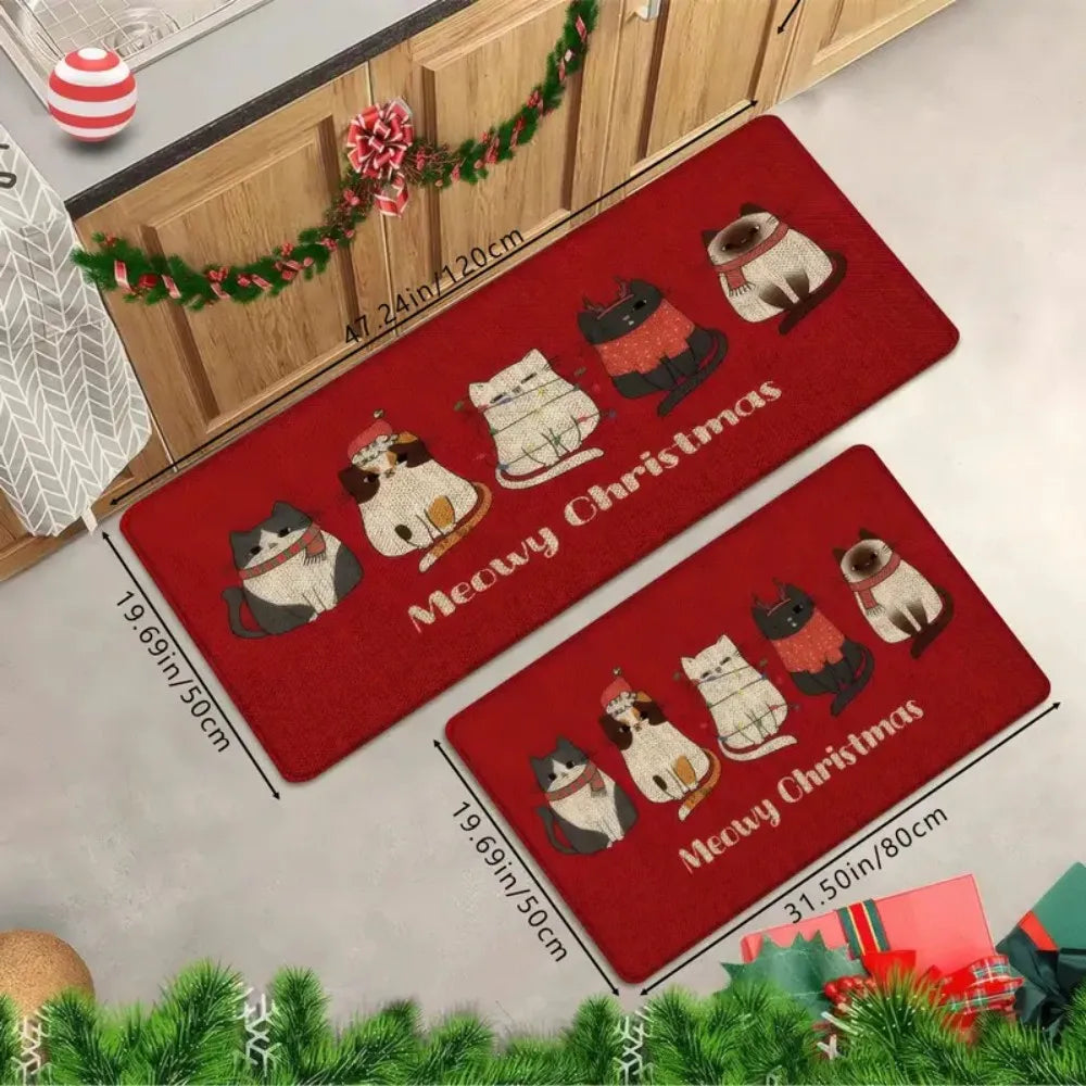 1PC Red Cute Kitten Christmas Rug Soft and Absorbent