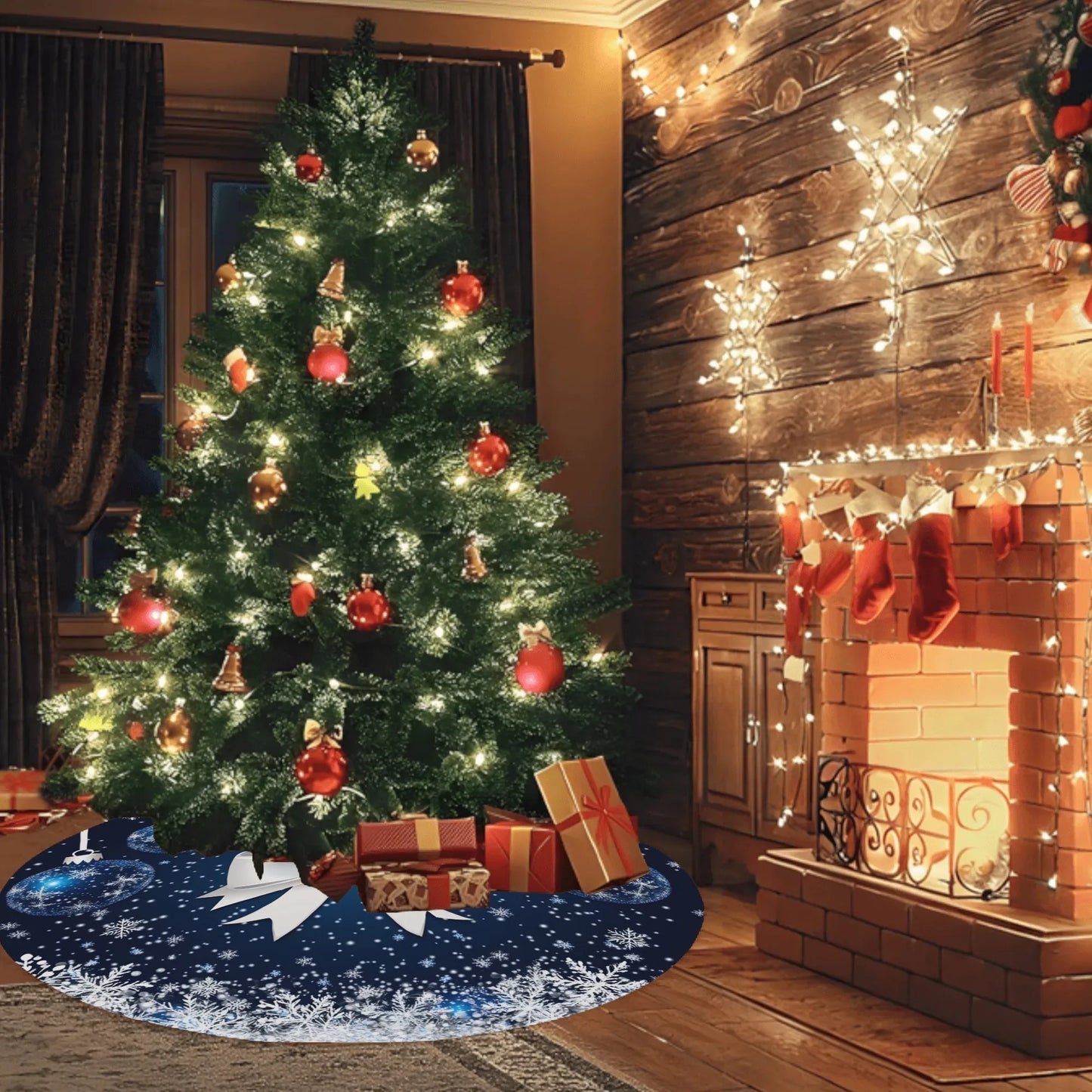 White Bow and Snowflake Blue Christmas Tree Skirt