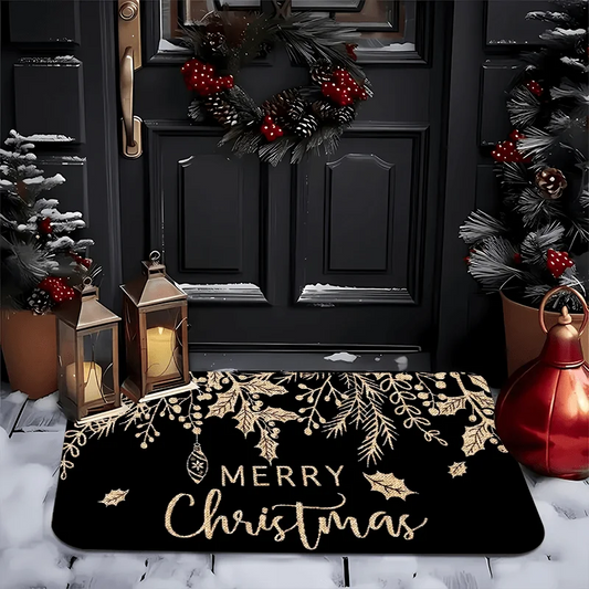 Black Holly Mistletoe Merry Christmas Rug