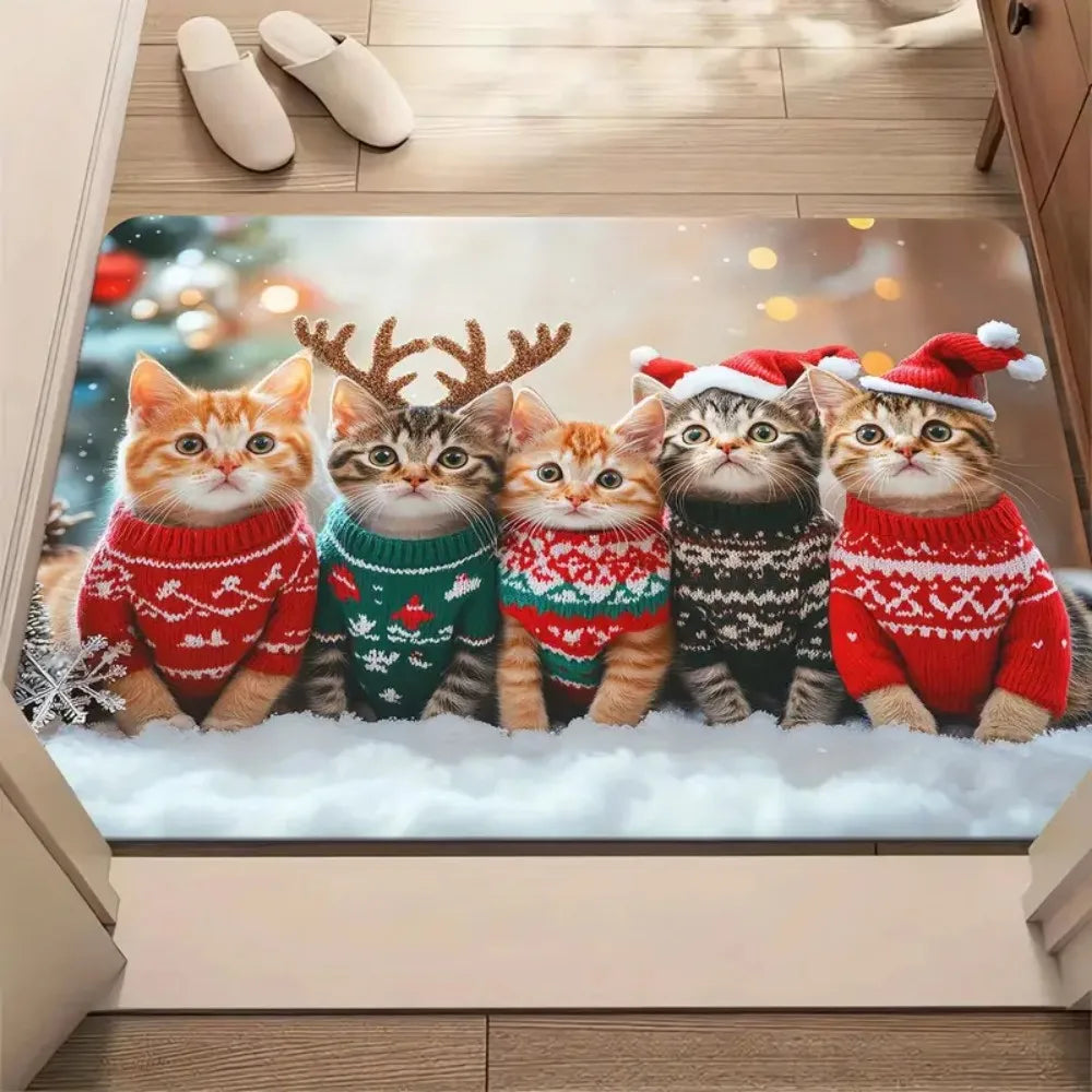 1PC Christmas Cute Cat Print Doormat Non-Slip Microfiber Polyester Rug