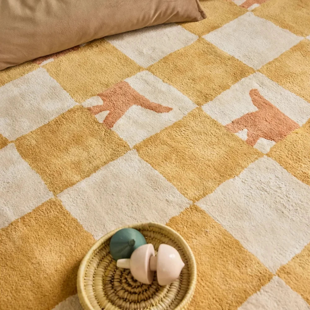 Yellow Grid Fluffy Carpet For Living Room