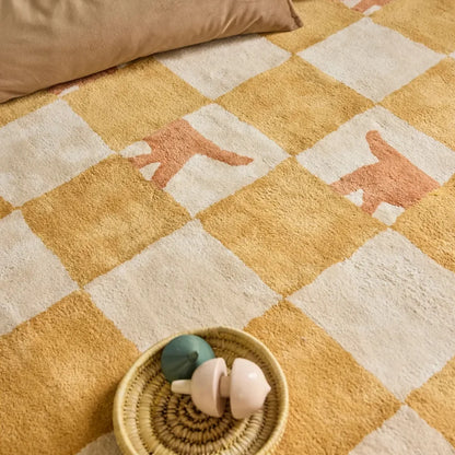 Yellow Grid Fluffy Carpet For Living Room